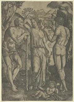 Raimondi Marcantonio Prints: An allegorical scene; a young woman at centre holding a wreath above her head