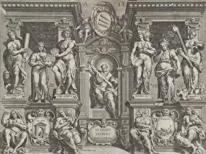 Aquinas Gallery: Allegorical thesis print with various figures, set in an architectural structure, 1608