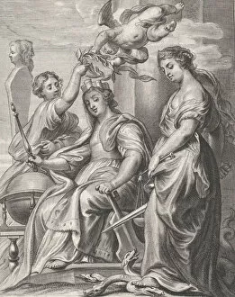 Allegory of Good Government, seated at center and being crowned by a putto and a wo