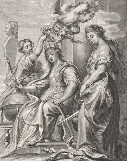 Rubens Prints: Allegory of Good Government, seated at center and being crowned by a putto and a wo