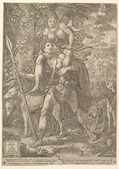 Allegory of the Hunt; a hunter holding a large spear carrying a woman (Diana