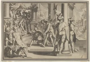Joachim Wtewael Prints: Allegory of Justice (Sanctity of the Law) with a court scene depicting a man being