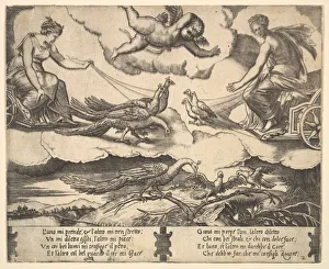 Allegory of Marriage and Love; Juno in a chariot drawn by peacocks at left, Venus in a