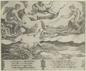 Goddesses Prints: Allegory of Marriage and Love; Juno in a chariot drawn by peacocks at right