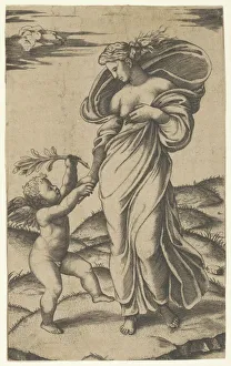An allegory of Peace; Peace personified as a woman standing in a landscape holding... ca. 1517-20. Creator: Marcantonio Raimondi