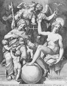 Latin Prints: Allegory of the Psalm of David; Misericordia seated to the left feeding four children