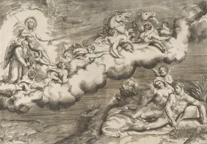 Bonasone Giulio Prints: An allegory of the rising sun, a naked man wearing a shroud and accompanied Father Time