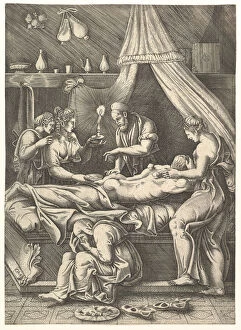 Giulio Gallery: An allegory of sickness, man laying prostrate on a bed surrounded by figures, ca. 1540