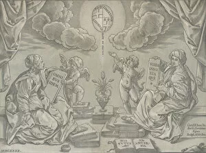 Allegory of a thesis, two women hold inscribed tablets, 1640