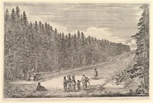 An alley of fountains, a group of people in center, a man and dog seated to right, two An alley of fountains, a group of people in center, a man and dog seated to right, two