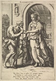 Maerten De Vos Gallery: Alms-giving: a woman with pearl headdress and halo hands bread to two male beggars