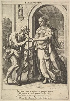 Maerten Prints: Alms-giving: a woman with pearl headdress and halo hands bread to two male beggars