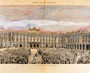 Entry Prints: Alphonse XII, entry into the palace of Oriente in 1875, colored engraving of La
