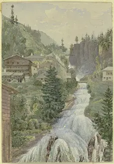 Alpine Prints: Alpine brook with houses, 19th century. Creator: Georg von Krieg