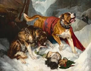 Rescue Collection: Alpine Mastiffs Reanimating a Distressed Traveler, 1820. Creator: Edwin Henry Landseer