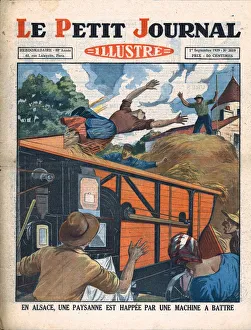 Alsace France Collection: In Alsace, a peasant woman is caught in a threshing machine, 1929. Creator: Unknown