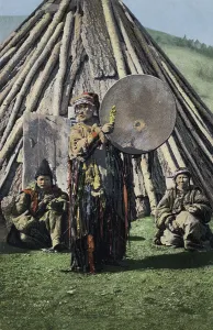 Nomadic Prints: Altai Shaman with Tambourine in Front of a Traditional Dwelling (Chaadyr)