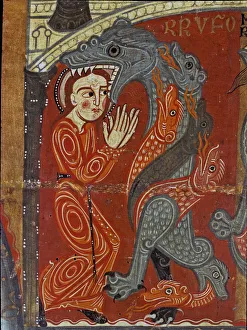 Images Dated 9th September 2014: Detail of the altar front in the chapel of Santa Margarita, with a scene of a dragon