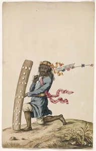 Asiatic Prints: Ambonese dancing warrior in blue robe, c.1675-c.1725. Creator: Anon