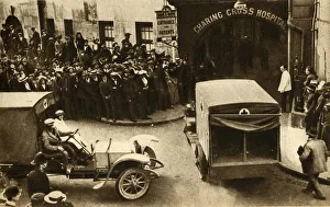 Hospital Prints: An ambulance driving into Charing Cross Hospital with casualties... London, 1914, (1933)