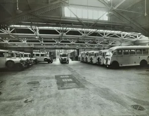 Fulham Prints: Ambulances in a garage, Western Ambulance Station, Fulham, 1939