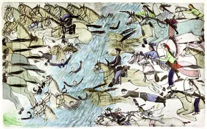 Pursuing Gallery: American cavalry retreating across a river pursued by Native American warriors, c1900