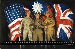 Us Flag Prints: American, Chinese and British soldiers with flags of their countries