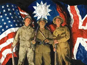 Us Flag Prints: American, Chinese and British soldiers with flags of their countries