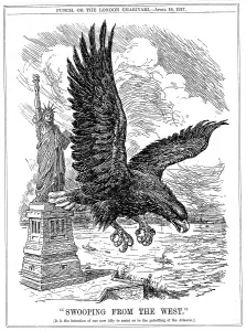 American eagle swooping to guard the Atlantic, 1917. Artist: Unknown American eagle swooping to guard the Atlantic, 1917. Artist: Unknown