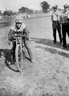 Goggles Gallery: American speedway rider Art Pecha on his Harley-Davidson, Lea Bridge Stadium, Leyton, London, 1928