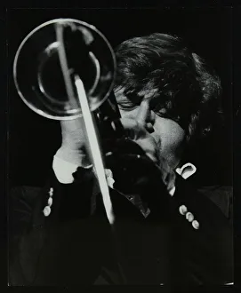 American trumpeter player Bobby Shew playing at the Forum Theatre, Hatfield, Hertfordshire, 1980