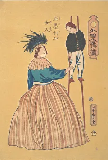 Stilts Prints: American Woman with Her Child on Stilts, 1st month, 1861. Creator: Utagawa Yoshitora