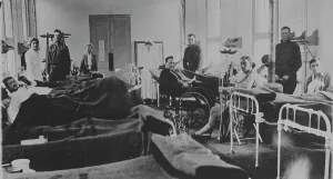 Casualties Prints: American wounded in base hospital, France, 1917 or 1918. Creator: Bain News Service