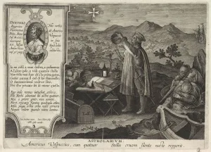 Amerigo Vespucci finding the Southern Cross constellation with an astrolabe (Americae Retectio), 1591 Amerigo Vespucci finding the Southern Cross constellation with an astrolabe (Americae Retectio), 1591