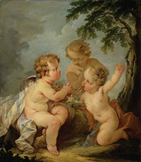 Chicks Prints: Three amorins playing with a bird's nest, 1747. Creator: Guillaume-Thomas Taraval