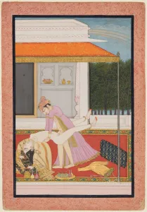 An amorous couple, probably Raja Mahendra Pal of Basohli (r. 1806- 1813) with a favorite