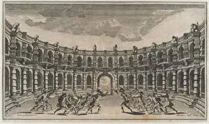 Amphitheater with two groups of soldiers running toward each other; set design from 'Il Po..., 1668
