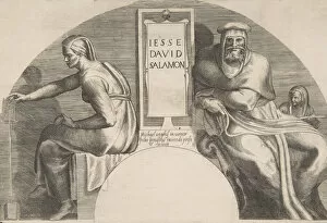 Solomon Collection: The ancestors of Christ flanking an inscribed tablet, an arched top composition, 1531-76