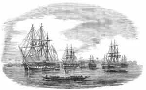 Canoes Prints: The Anchorage off the Town of Bonny River, 1850. Creator: Unknown
