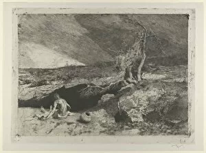 The Anchorite: a partially naked man seated at left in a landscape with what appears t..., ca. 1869