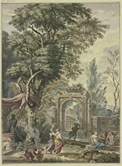 Porch Prints: Ancient portal, a statue of Pan with altar on the left