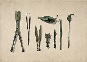 Scissors Prints: Eight ancient Roman surgical instruments, 1850-1910. Creator: Unknown
