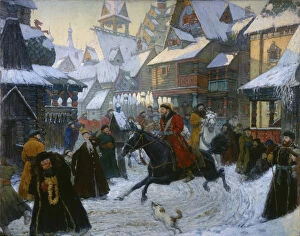 An Ancient Russian Town. The Horsemen, 1910s. Artist: Anonymous