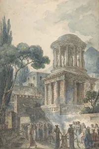 Jean Claude Prints: Ancient Scene with a Funeral Ceremony for an Actor, ca. 1777. Creator: Louis Jean Desprez