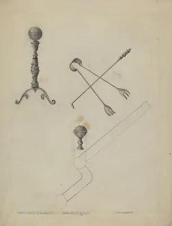 Firedog Prints: Andiron and Fireplace Set, 1935/1942. Creator: Ludmilla Calderon
