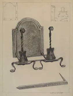 Firedog Prints: Andirons and Fireback, c. 1936. Creator: Ludmilla Calderon
