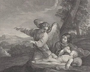 Ishmael Prints: The angel appearing to Hagar in the wilderness as she folds her hands next to the sleep