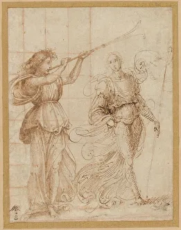 Laid Down Prints: One Angel Blowing a Trumpet, and Another Holding a Standard