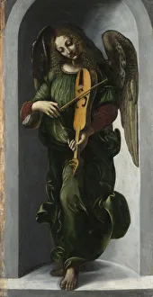 Play Music Prints: An Angel in Green with a Vielle, c. 1490-1499. Artist: Leonardo da Vinci, (Circle of)