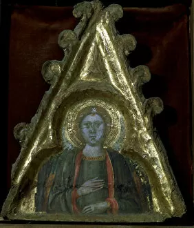 Angel of a pinnacle, colored panel painting from Tremp, 14th century